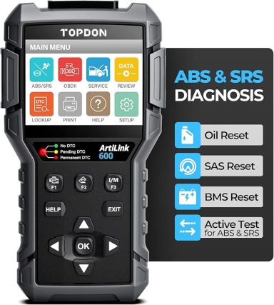Diagnostic tool with buttons for various vehicle functions and a display screen.