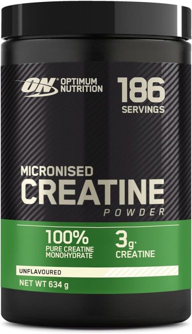 Black container of micronised creatine powder with 186 servings and 100% pure label.