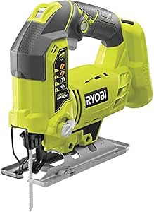 A green and black cordless jigsaw with a base plate and a blade installed.