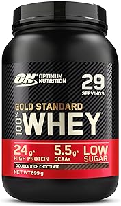 Black protein powder container with red and white labels, stating "Gold Standard 100% Whey".