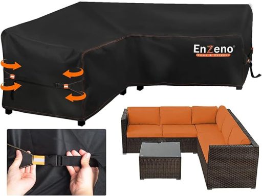Black outdoor furniture cover with orange accents, designed for sectional sofas.