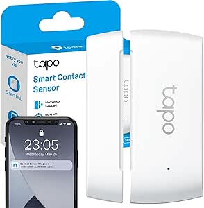 Smart contact sensor package next to a smartphone displaying a notification.