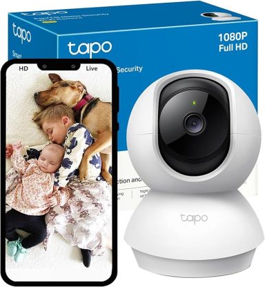 A Tapo 1080P HD camera beside a smartphone showing children and a dog.