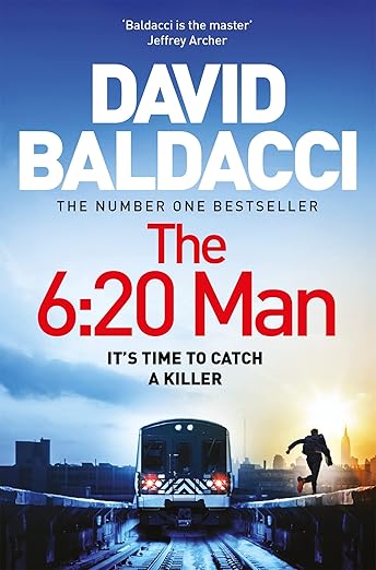 Book cover featuring the title "The 6:20 Man" by David Baldacci with a train in the background.
