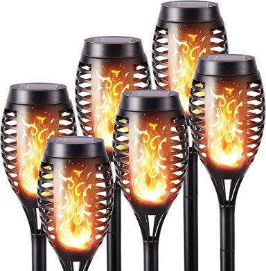 Six outdoor solar tiki torches with flickering flames provide decorative lighting.