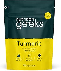 Turmeric supplement pouch with branding, ingredients list, and usage details.