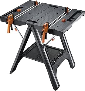 Foldable workbench with adjustable clamps and sturdy legs for stability.