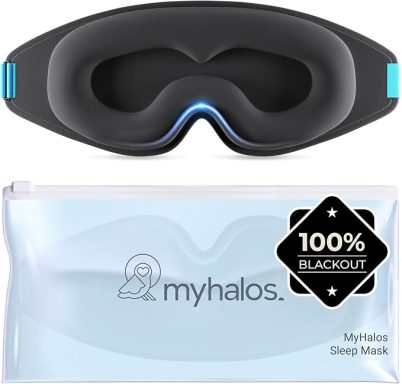 Blackout sleep mask with ergonomic design and storage pouch.