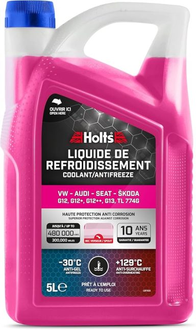 Pink coolant liquid bottle with a handle, featuring safety warnings and usage instructions.