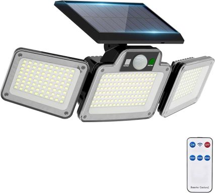 Solar-powered LED floodlight with adjustable panels and remote control.