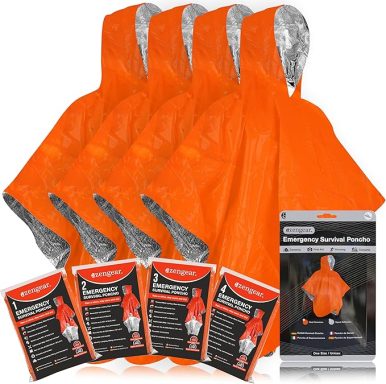 Five bright orange emergency ponchos with reflective hoods and packaged instructions.