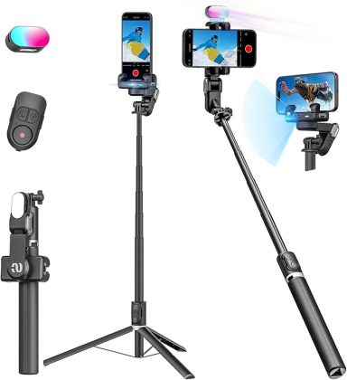 Smartphone tripod setup with remote, microphone, and two phones recording video.