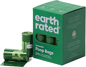 Green box of Earth Rated standard poop bags with two rolls displayed.