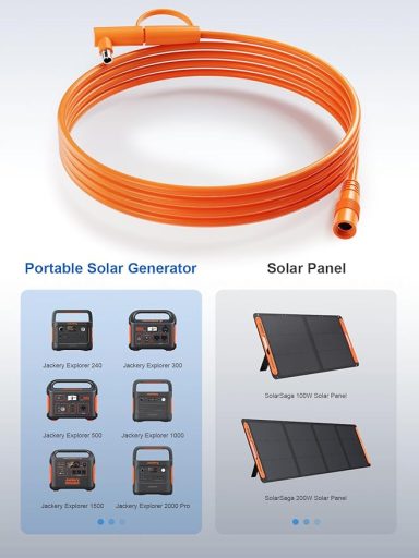 Portable solar generator with an orange cable and two solar panels.