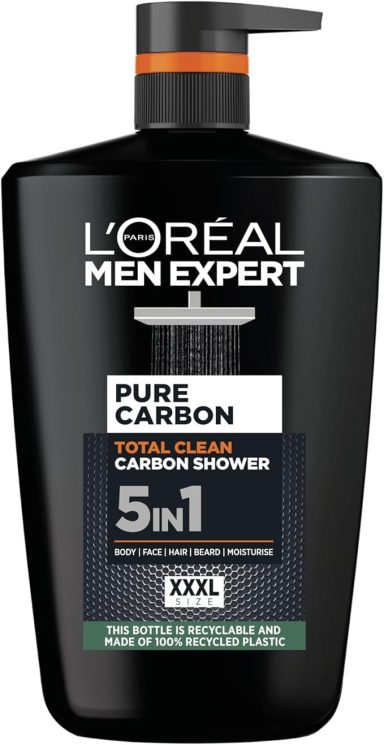 Black bottle of L'Oréal Men Expert Pure Carbon 5-in-1 shampoo and body wash.
