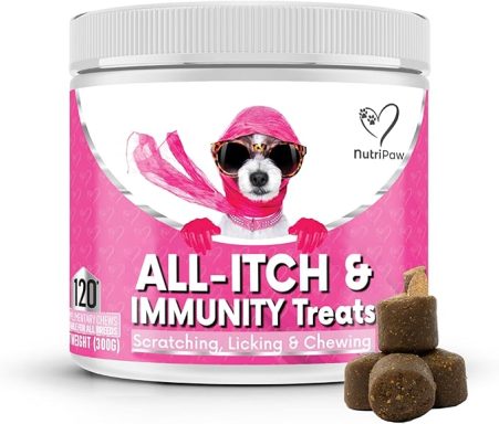 Container of dog treats labelled "All-Itch & Immunity" with a pink design and cartoon dog wearing sunglasses.