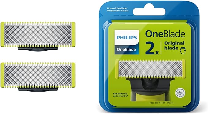 Two replacement blades for Philips OneBlade, packaged in a secure, branded box.