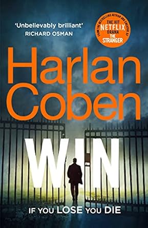 Book cover of "Win" by Harlan Coben featuring a silhouetted figure at a gate.