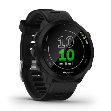 Black sports smartwatch displaying time and date in green on a round face.