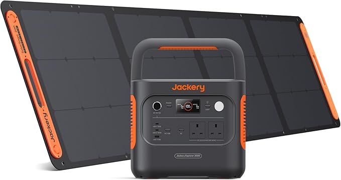 Portable power station in front of a foldable solar panel.