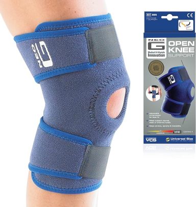 A blue knee support brace with an open patella design, displayed alongside its packaging.