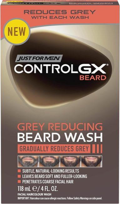 Beard wash packaging that gradually reduces grey hair with a sleek black design.
