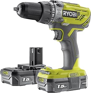 A Ryobi cordless drill with two battery packs.