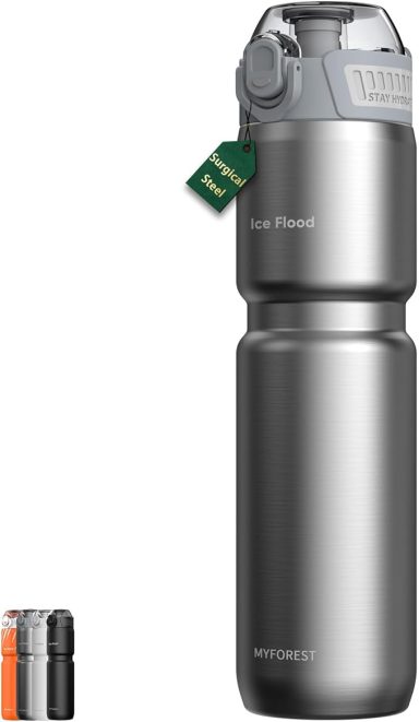 A grey sports water bottle with a flip-top lid and a tag, next to three smaller bottles.