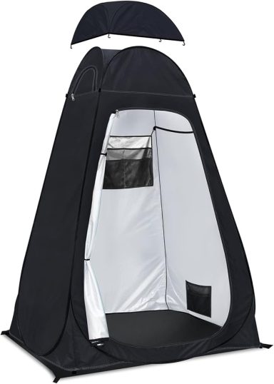 Black pop-up privacy tent with a zippered entrance and ventilation window.