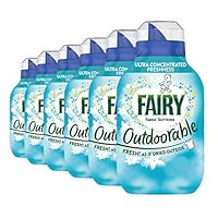 Six bottles of Fairy washing-up liquid stacked together, labelled "Outdoorable" in blue.