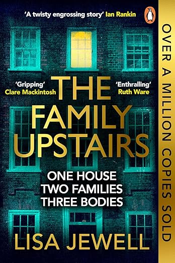 Book cover of "The Family Upstairs" by Lisa Jewell featuring a dark building facade.