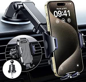 Car phone holder mounted on a dashboard with a phone securely attached.