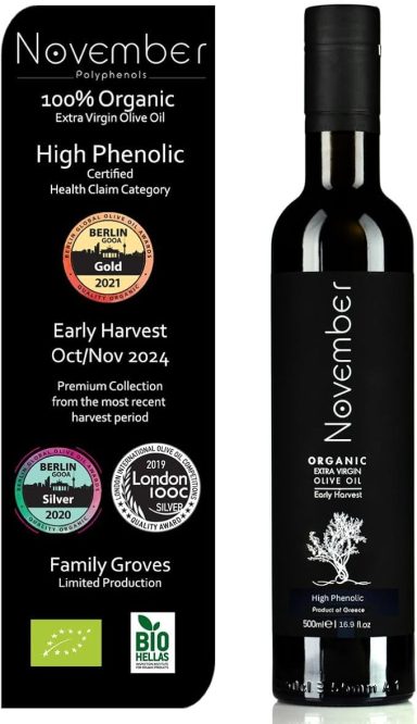 Bottle of organic olive oil with a black label and text indicating high phenolic content.