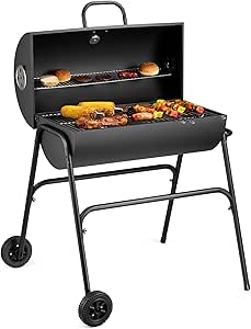 A black outdoor barbecue grill with various foods cooking on it.