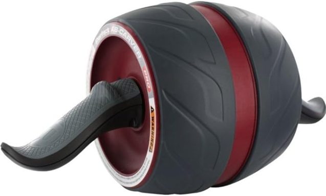 A fitness roller with a grey and red design, featuring a curved handle for grip.