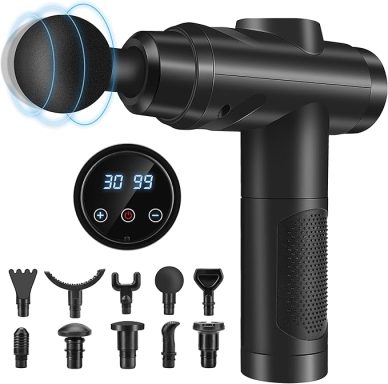 Black massage gun with multiple attachments and digital display.