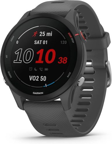 Black smartwatch displaying distance, date, time, and VO2 max metrics.