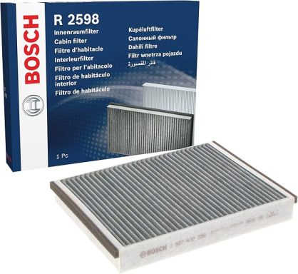 Bosch cabin air filter R 2598 in a box, showing the filter's pleated design.