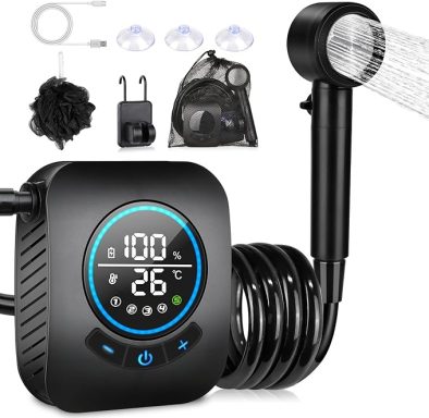 Portable shower kit with digital display, showerhead, charger, and accessories.