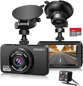 Black dash cam with a front display, suction mount, and included memory card.