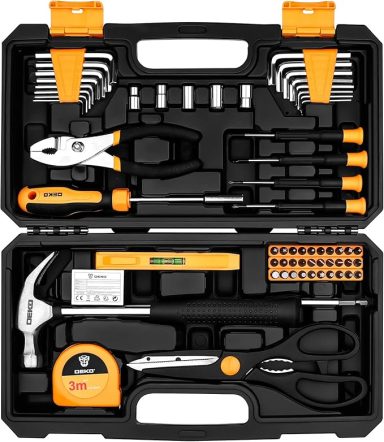 A toolkit containing various hand tools and accessories in a black case.