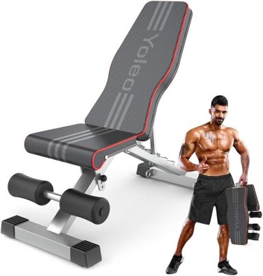 Adjustable weight bench with a muscular man holding a dumbbell.
