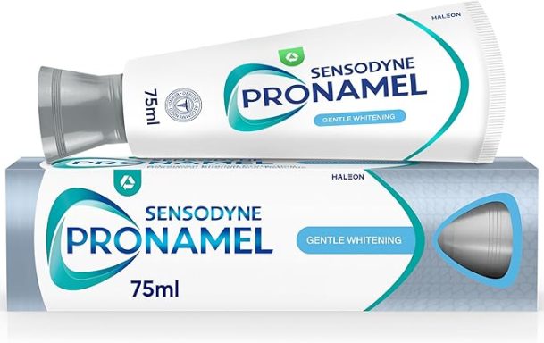 Toothpaste tube and box of Sensodyne Pronamel, 75ml size, for sensitive teeth.