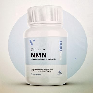 Bottle of NMN supplement, labelled for enhancing energy and health. 30 capsules.