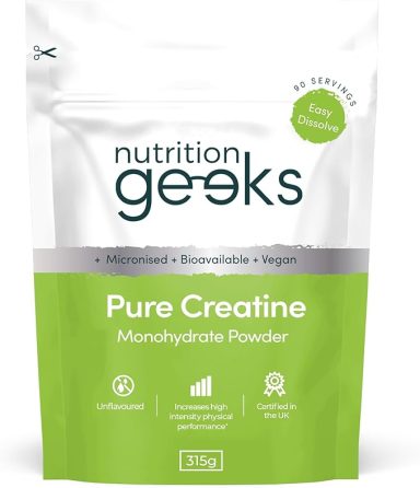 White pouch of Nutrition Geeks Pure Creatine Monohydrate Powder with green accents.