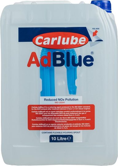Container of AdBlue, 10 litres, with a blue spout and informative label.