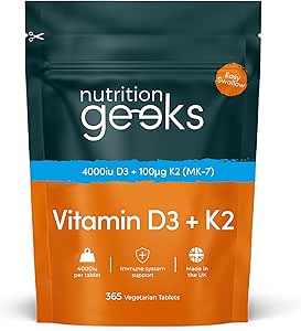 Packaged vitamin D3 and K2 supplement in a sealed pouch, labelled as Nutrition Geeks.