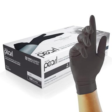 Black disposable glove with a finger pointing, beside a box of gloves.