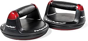 A pair of black and red push-up handles with textured grips.