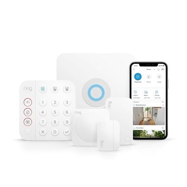 White smart home security system components with a smartphone app display.